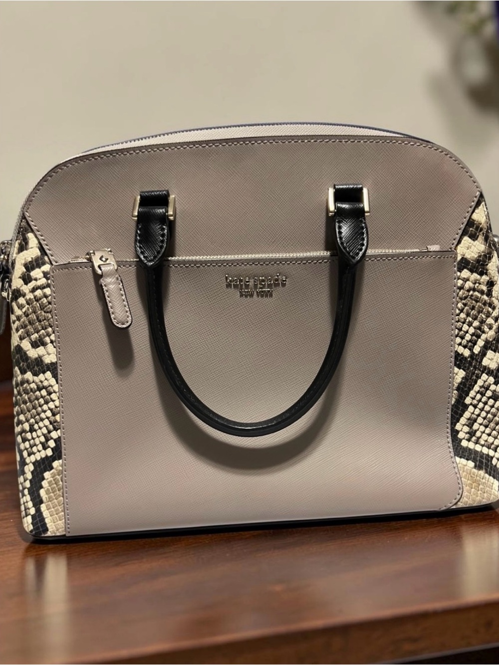 kate spade Taupe Dome Satchel with Black Handles and Snake-Print Sides